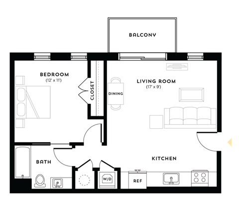 Floor plan for 1 bed, 1 bath, 672 sqft